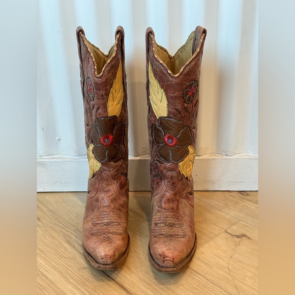 Corral Floral Embroidered Leather Cowboy Boots Brown Size 6.5 - Picture 4 of 12